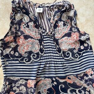 CAbi Navy, White & Coral Paisley Sleeveless Blouse size Small
